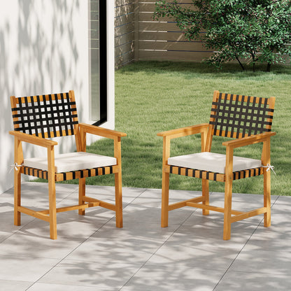 Outdoor Wooden Dining Chair Set of 2 with Armrests and Curved Back-White