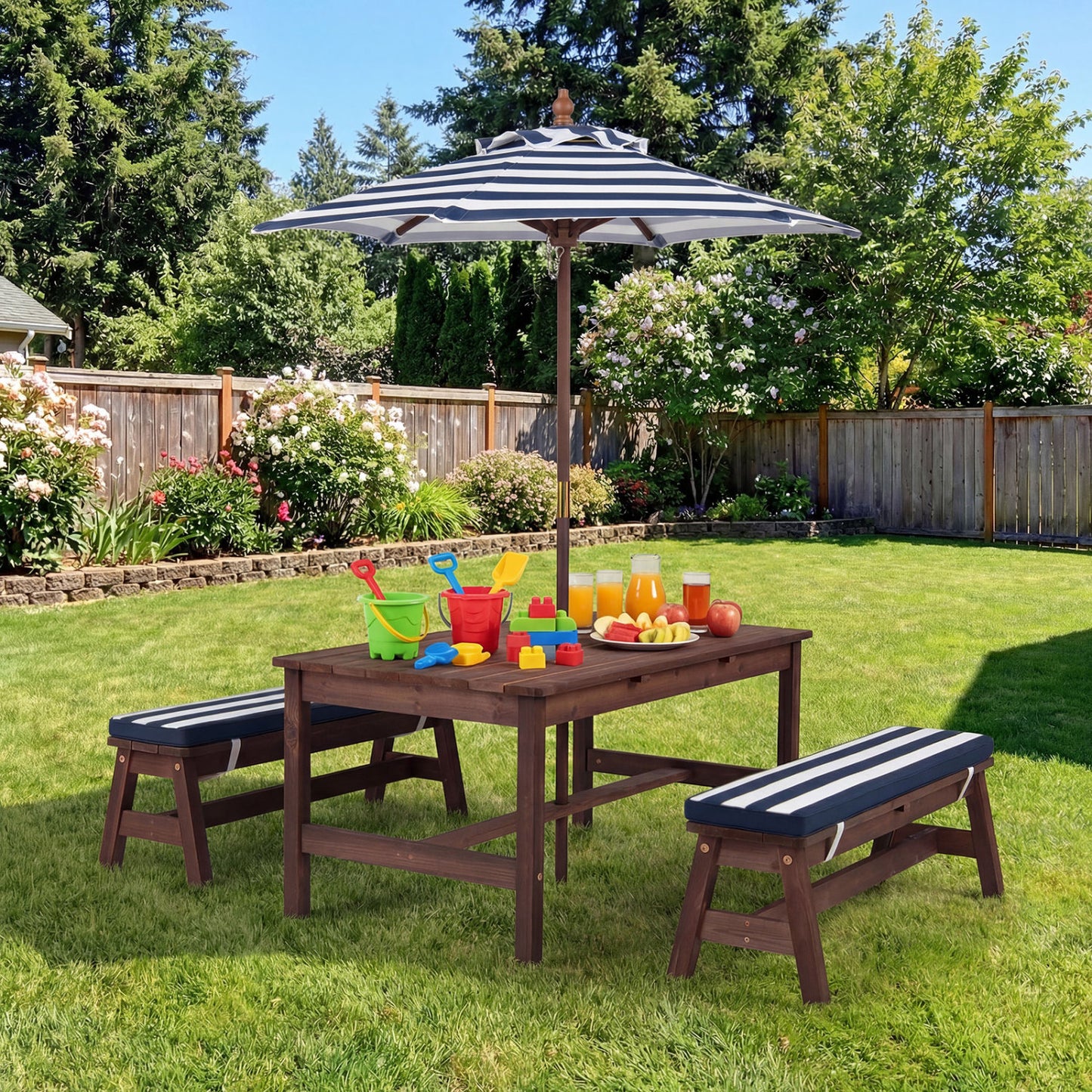 Outdoor Wooden Kids Picnic Table with Removable Umbrella and Cushions-Blue