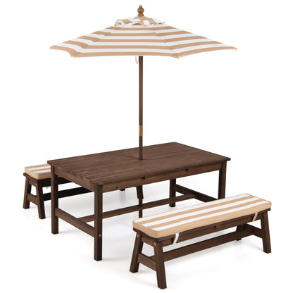 Outdoor Wooden Kids Picnic Table with Removable Umbrella and Cushions-Blue