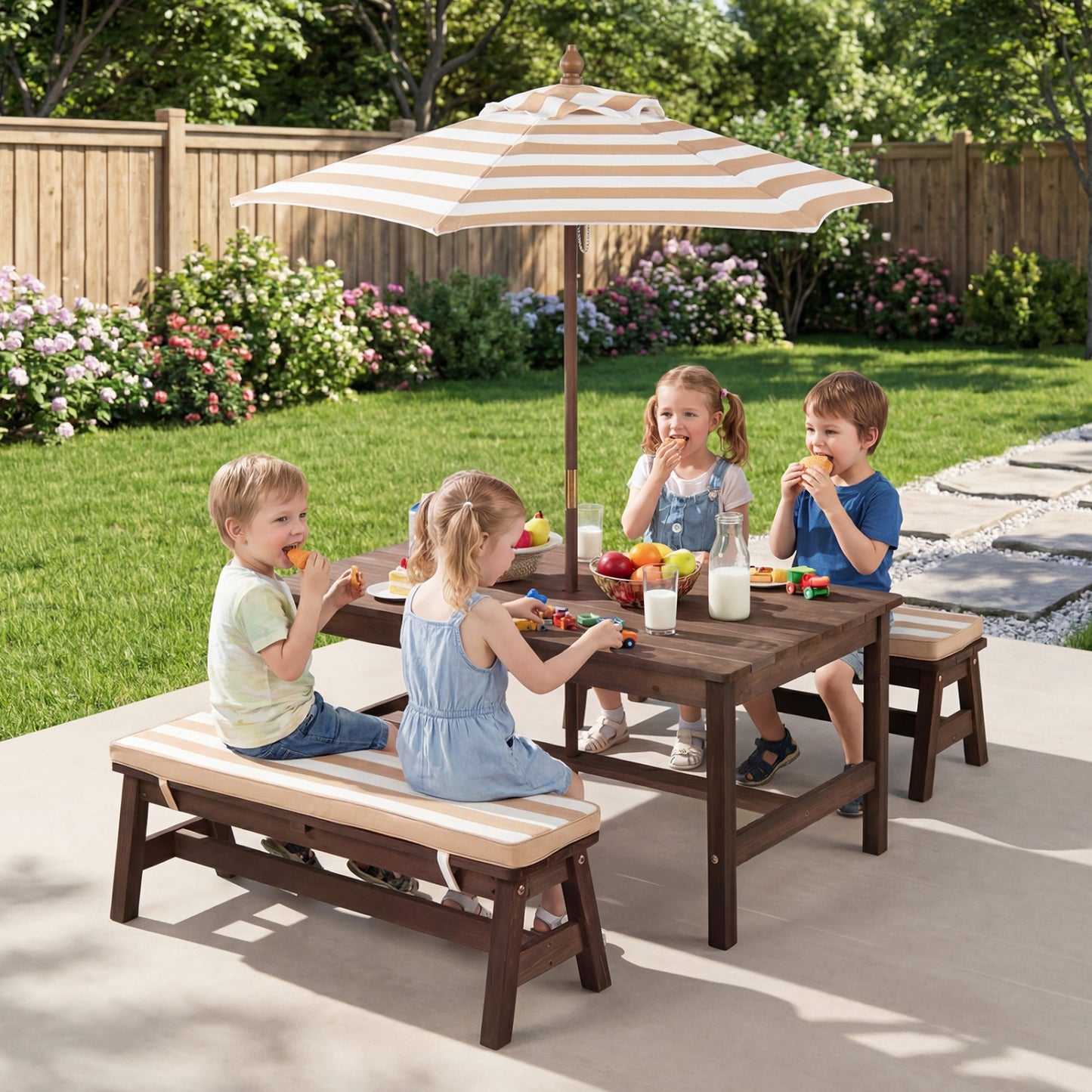 Outdoor Wooden Kids Picnic Table with Removable Umbrella and Cushions-Blue