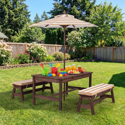 Outdoor Wooden Kids Picnic Table with Removable Umbrella and Cushions-Blue