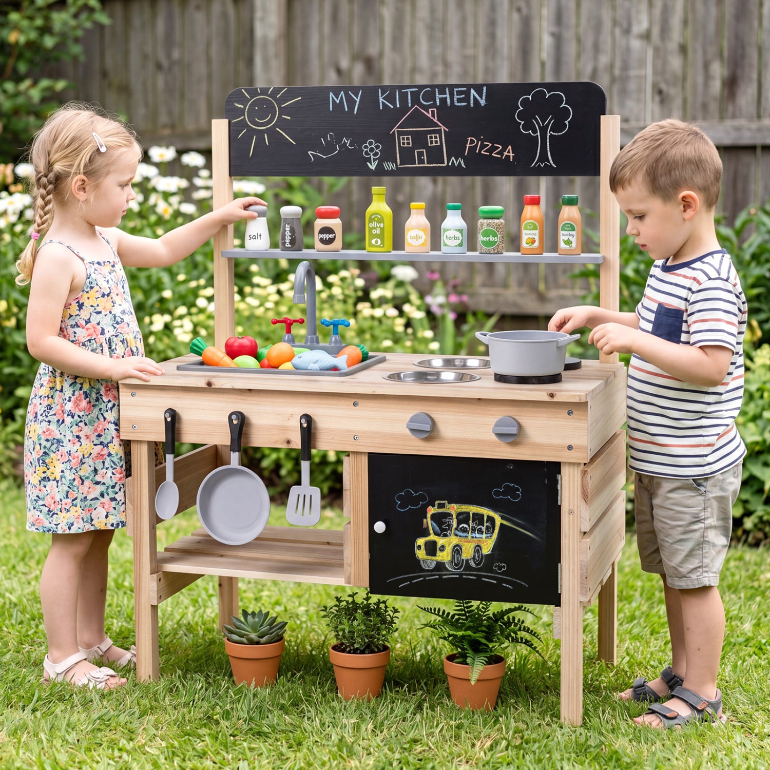 Outdoor wooden mud kitchen for kids with sink and stoves, natural wood play kitchen set for imaginative outdoor pretend cooking.