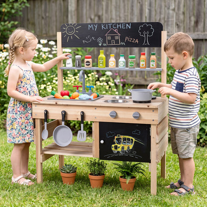 Outdoor wooden mud kitchen for kids with sink and stoves, natural wood play kitchen set for imaginative outdoor pretend cooking.