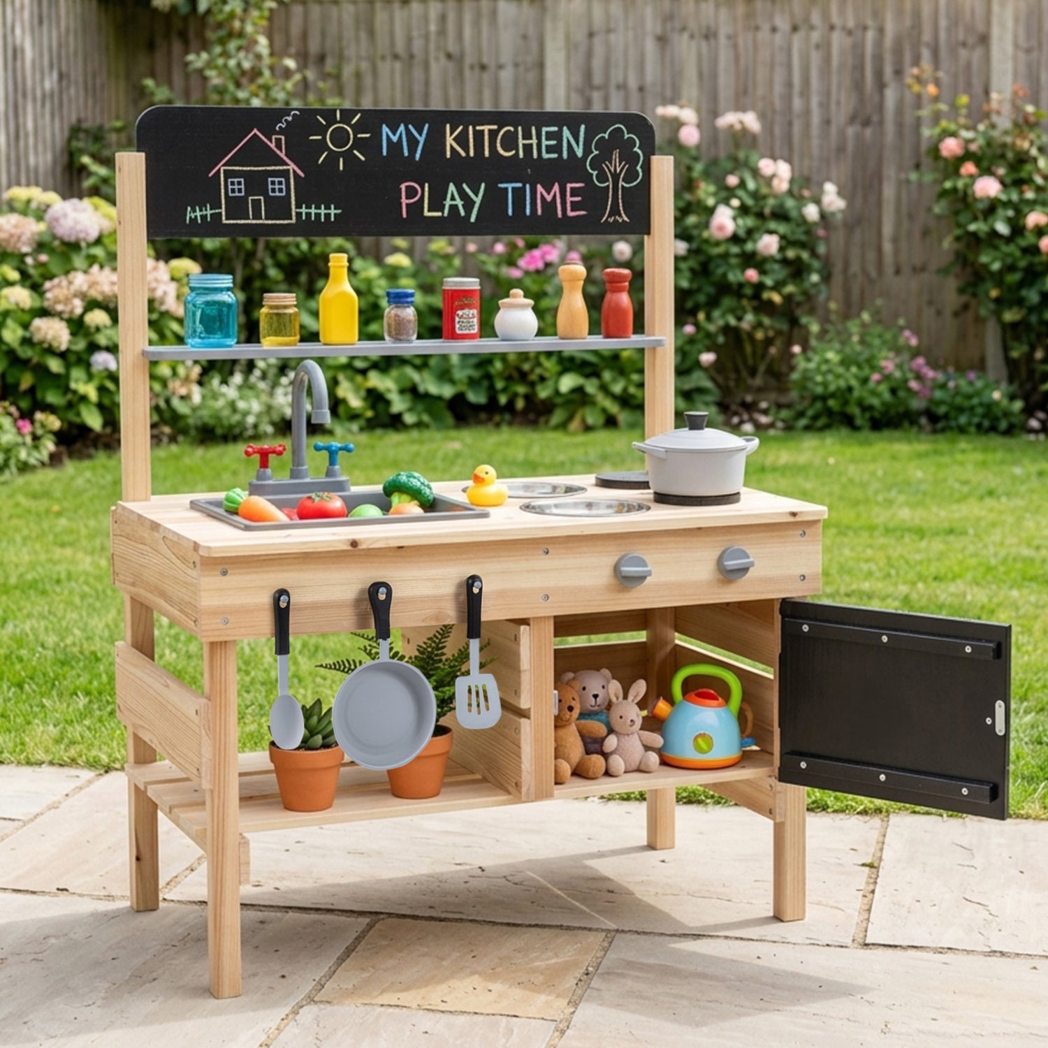 Outdoor wooden mud kitchen for kids with sink and stoves, natural wood play kitchen set for outdoor pretend cooking.