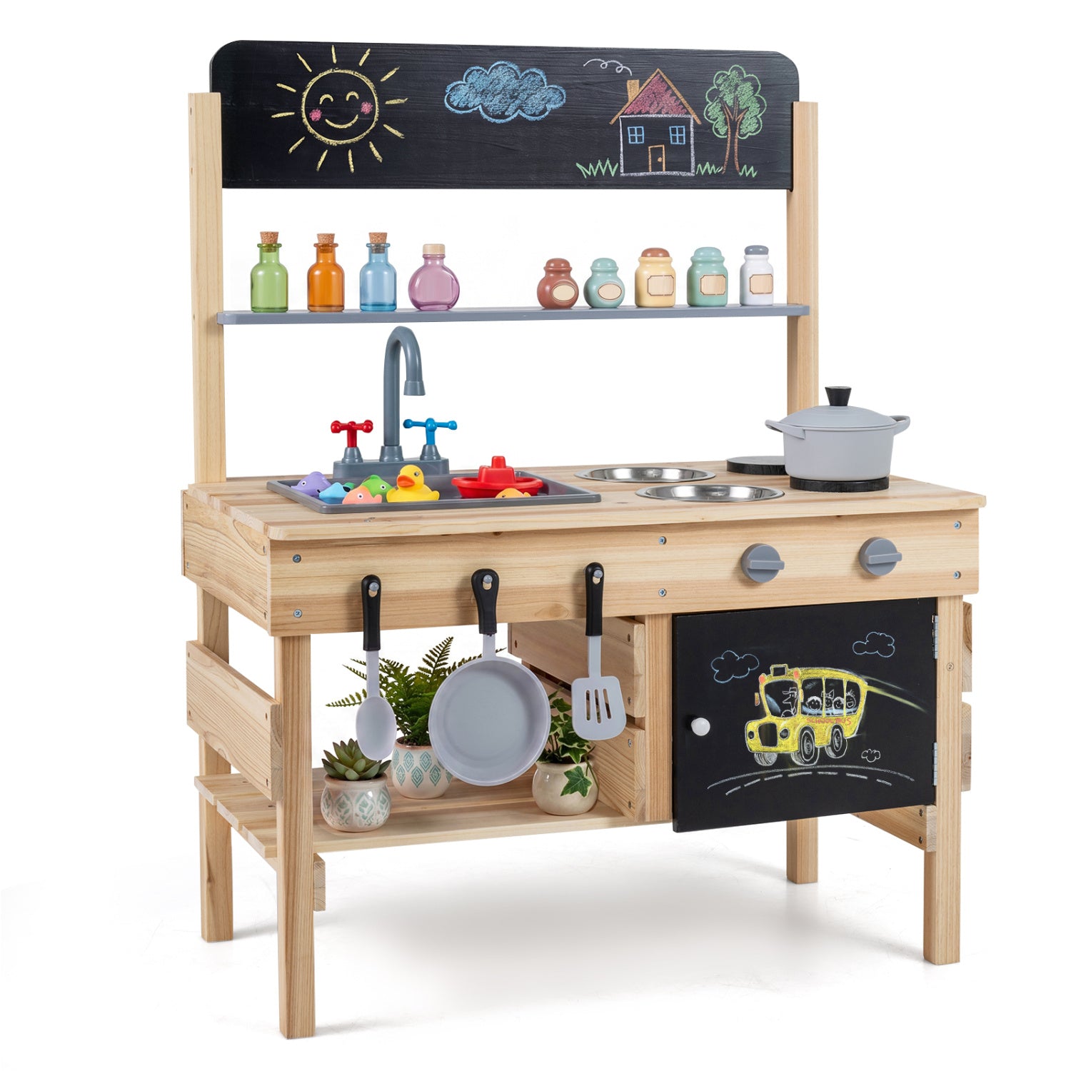 Outdoor wooden mud kitchen for kids with sink and stoves, natural finish, pretend play outdoor toy kitchen set.