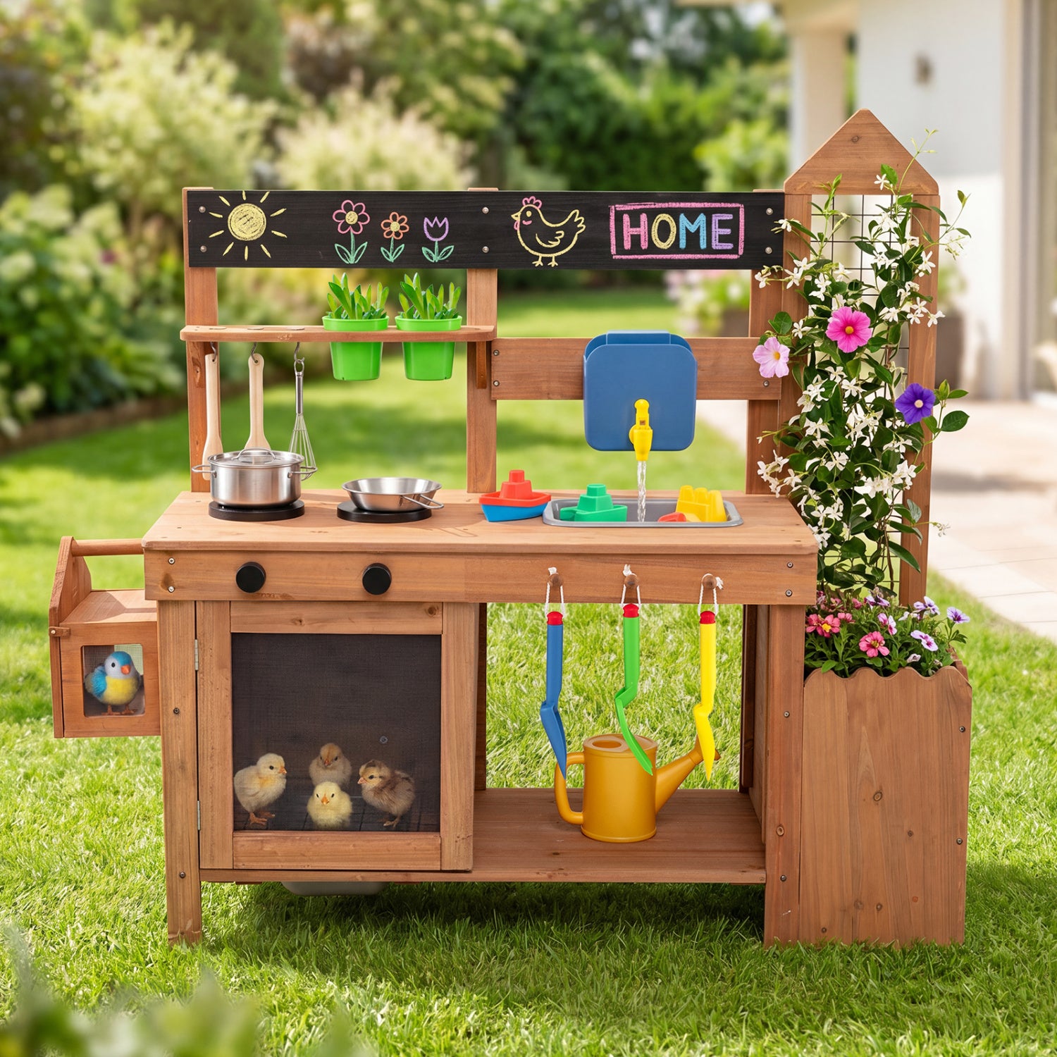 Outdoor wooden mud kitchen for toddlers with planter box and sink, natural finish, pretend play outdoor toy by Wilsons Home Store