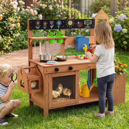 Outdoor wooden mud kitchen for toddlers with planter box and sink, natural wood play kitchen set for pretend outdoor cooking.
