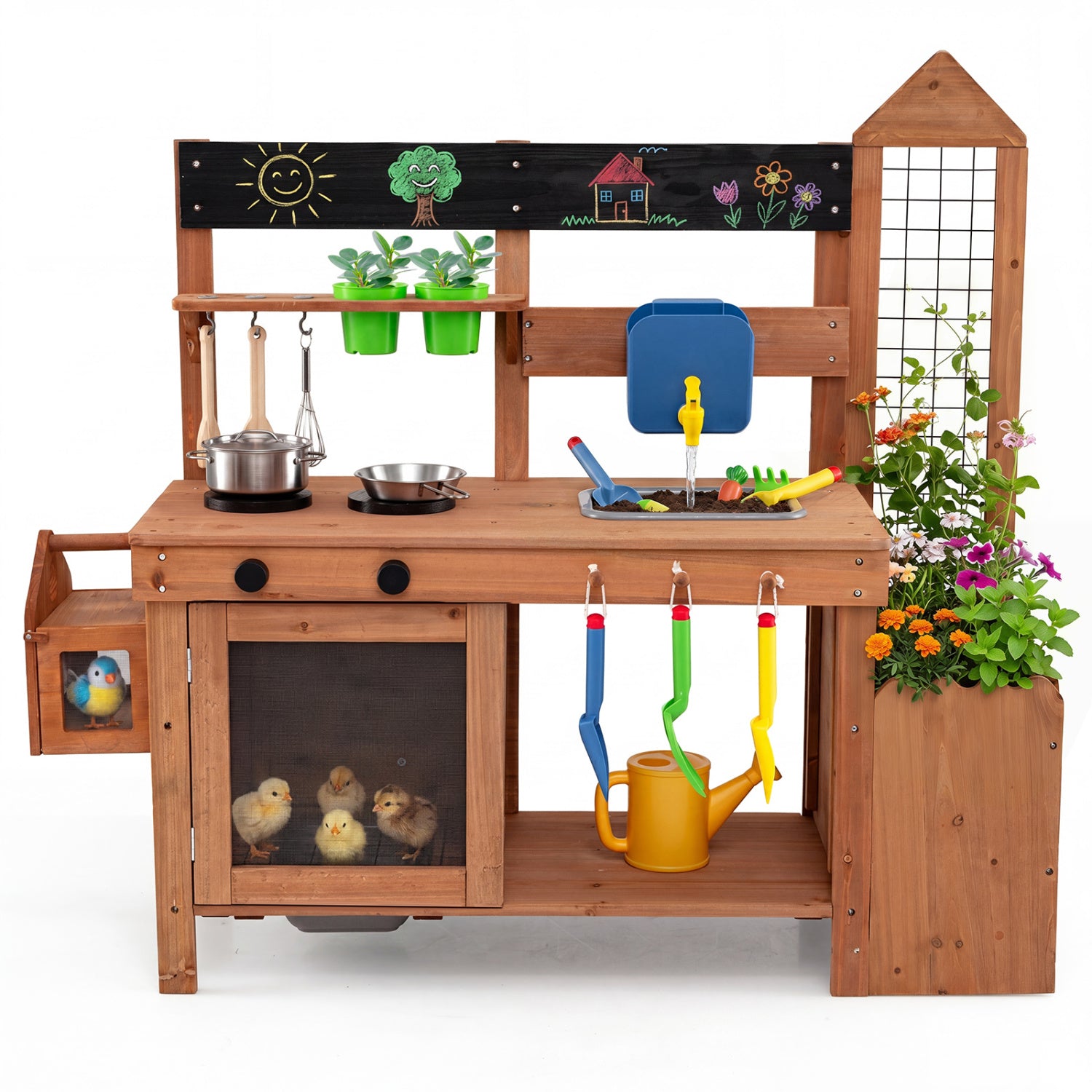 Outdoor wooden mud kitchen for toddlers with planter box and sink, natural finish, pretend play toy for outdoor fun.
