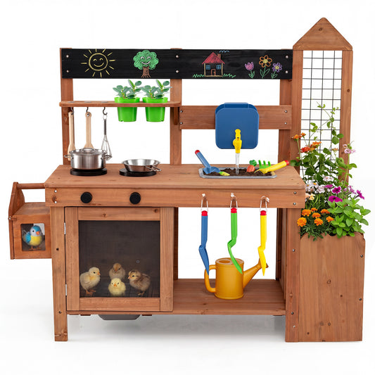 Outdoor wooden mud kitchen for toddlers with planter box and sink, natural finish, pretend play toy for outdoor fun.