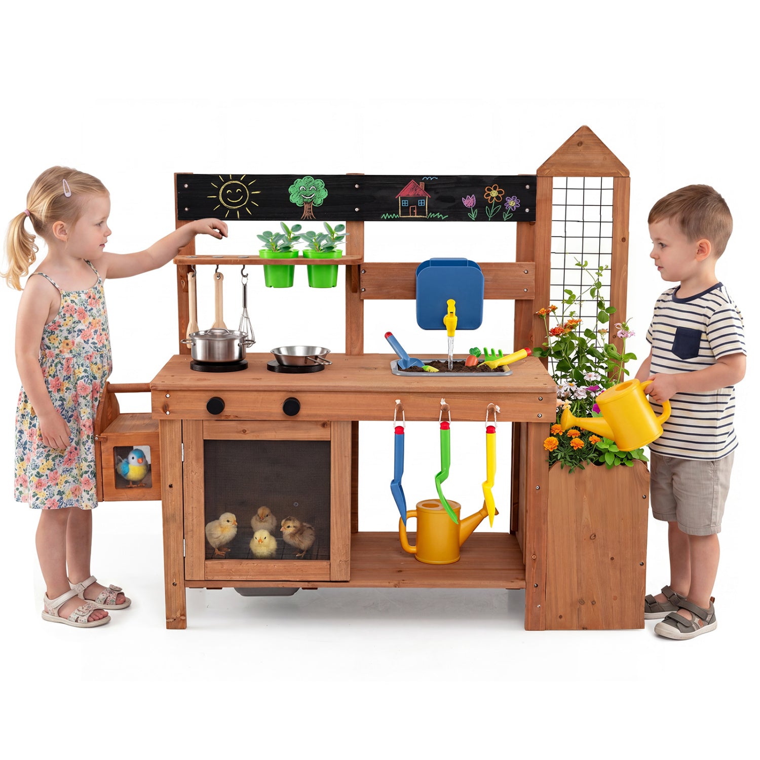 Outdoor wooden mud kitchen with planter box and sink for toddlers, natural finish, pretend play kitchen set for outdoor fun.