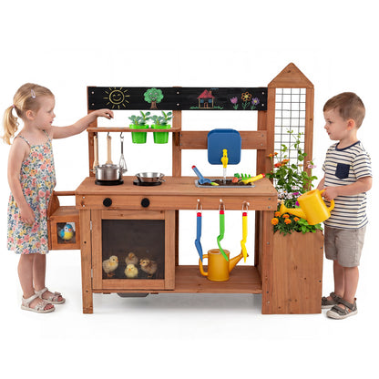 Outdoor wooden mud kitchen with planter box and sink for toddlers, natural finish, pretend play kitchen set for outdoor fun.