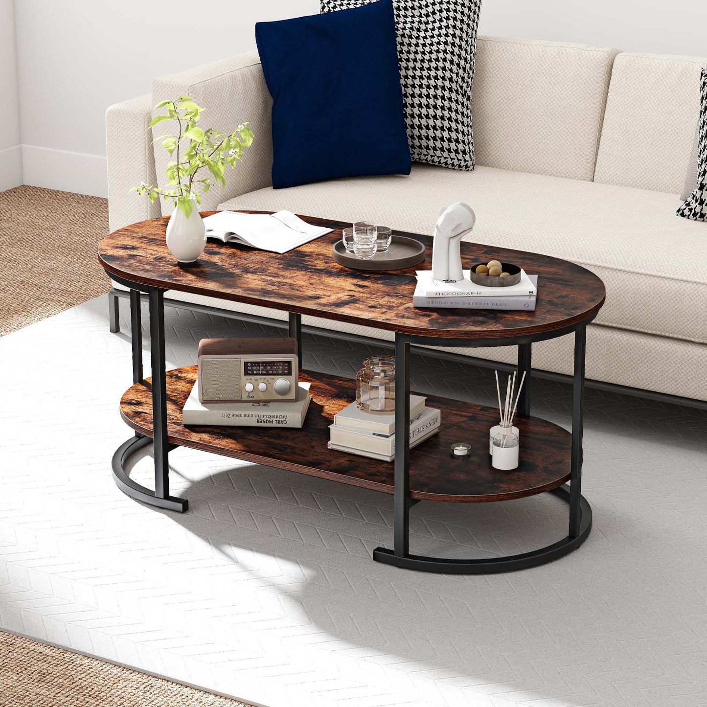 Oval Coffee Table 2-Tier Wooden Accent Table with Spacious Tabletop and Open Storage Shelf-Black