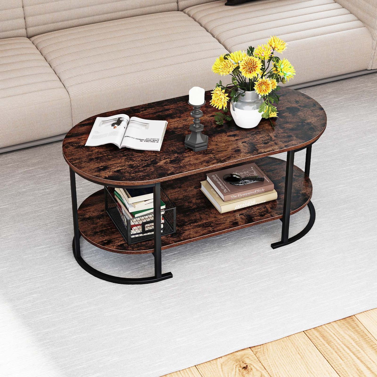 Oval Coffee Table 2-Tier Wooden Accent Table with Spacious Tabletop and Open Storage Shelf-Black