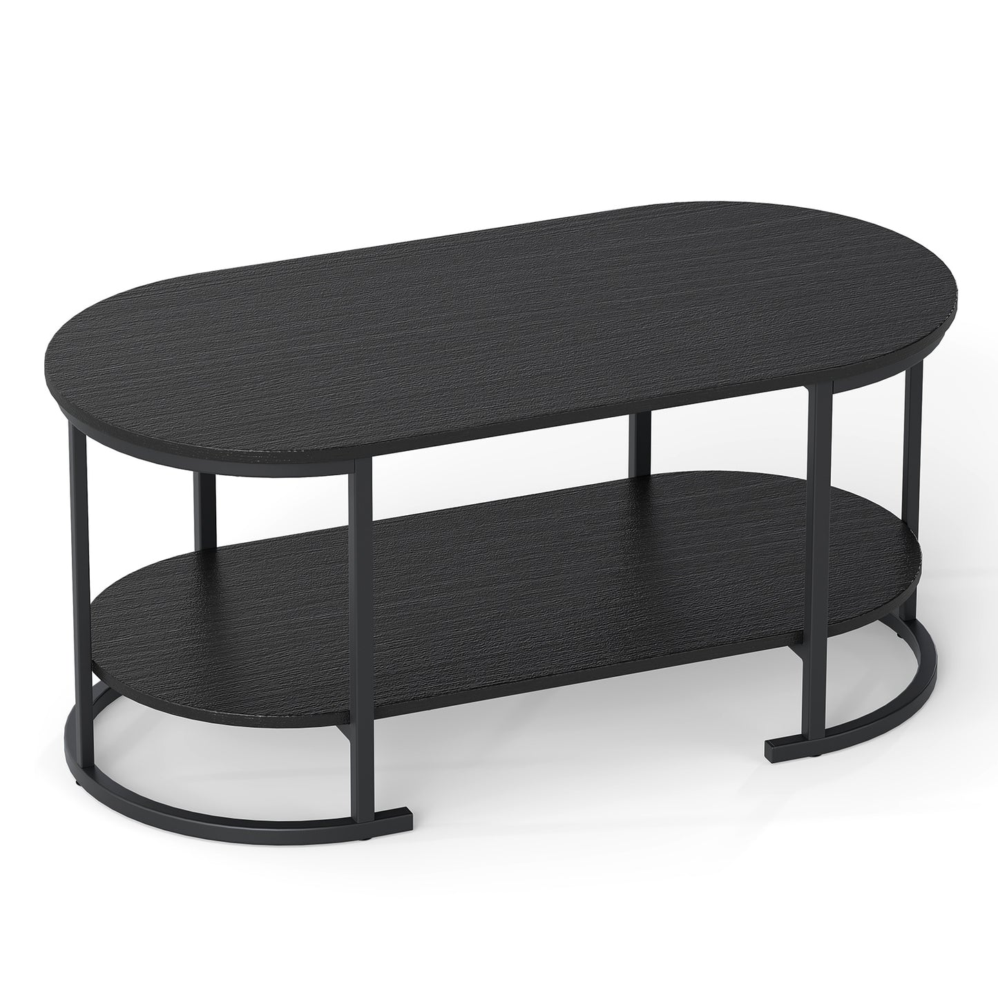 Oval Coffee Table 2-Tier Wooden Accent Table with Spacious Tabletop and Open Storage Shelf-Black