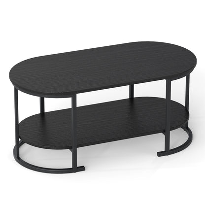 Oval Coffee Table 2-Tier Wooden Accent Table with Spacious Tabletop and Open Storage Shelf-Black