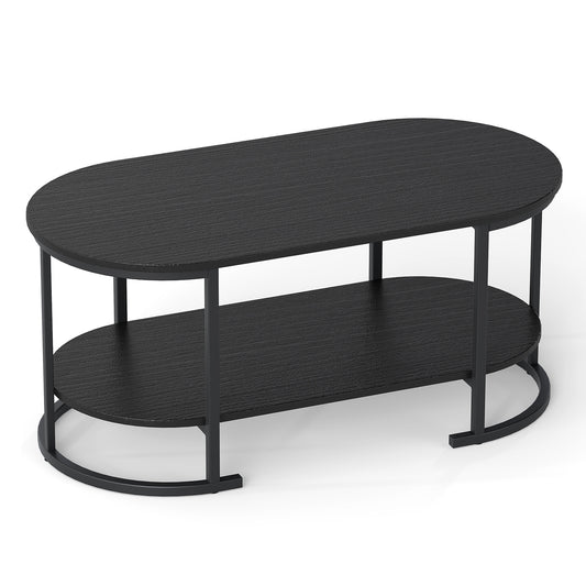 Oval Coffee Table 2-Tier Wooden Accent Table with Spacious Tabletop and Open Storage Shelf-Black