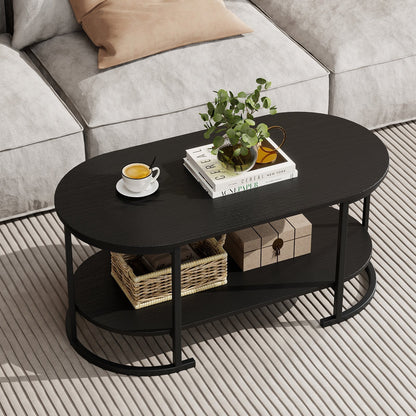 Oval Coffee Table 2-Tier Wooden Accent Table with Spacious Tabletop and Open Storage Shelf-Black