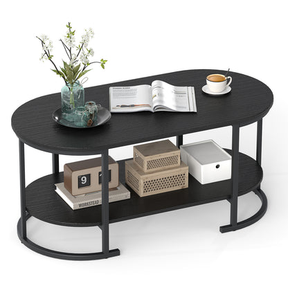 Oval Coffee Table 2-Tier Wooden Accent Table with Spacious Tabletop and Open Storage Shelf-Black