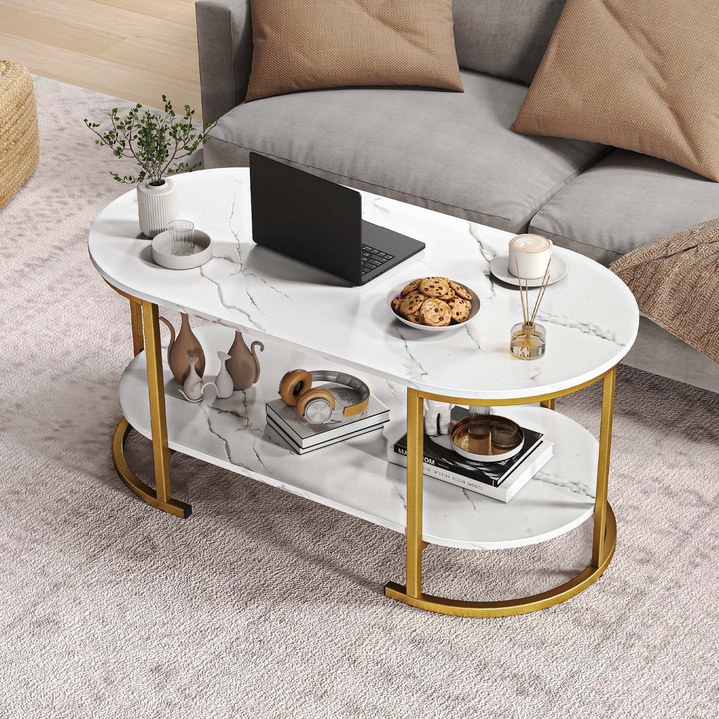 Oval Coffee Table 2-Tier Wooden Accent Table with Spacious Tabletop and Open Storage Shelf-Black