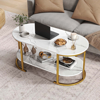 Oval Coffee Table 2-Tier Wooden Accent Table with Spacious Tabletop and Open Storage Shelf-Black