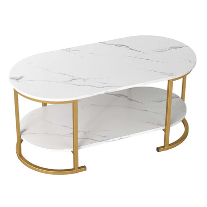 Oval Coffee Table 2-Tier Wooden Accent Table with Spacious Tabletop and Open Storage Shelf-Black