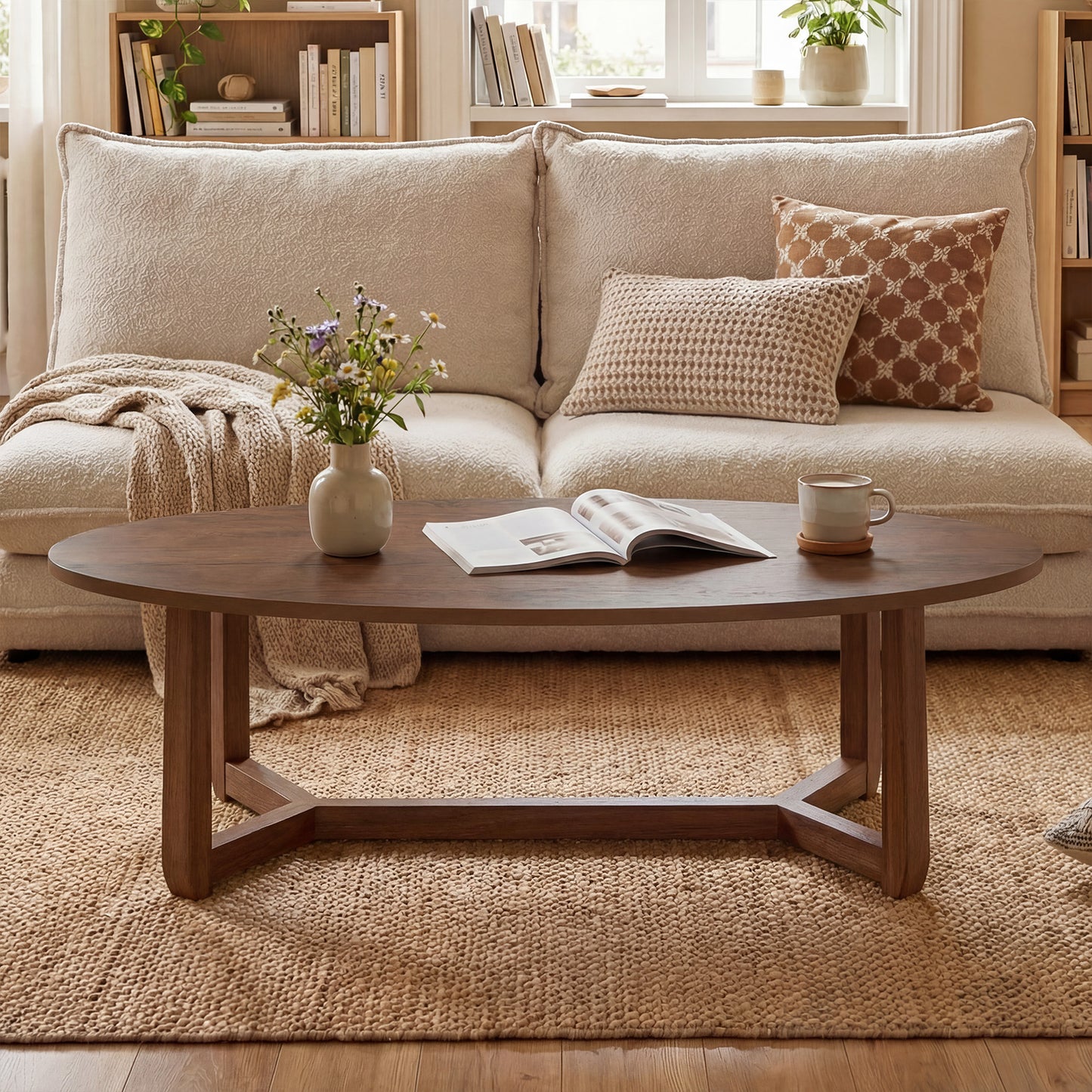 Oval Coffee Table 46 Inches Wooden Accent Table with Thickened Top-Natural
