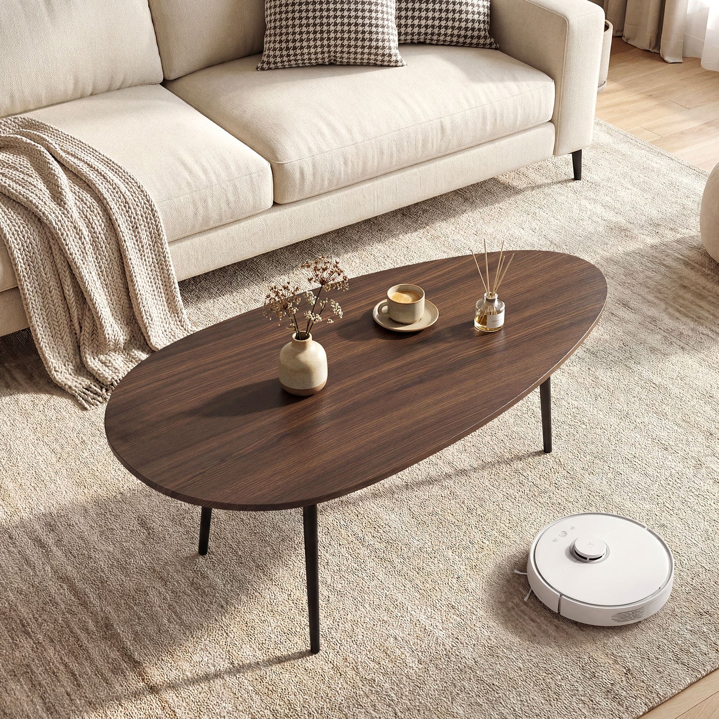 Oval Coffee Table Mid Century Center Table with Sturdy Metal Construction-Natural