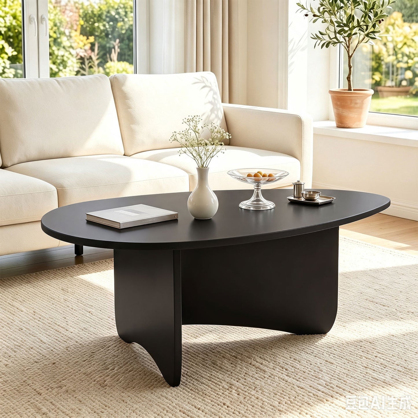 Oval Coffee Table Mid Century Modern Accent Table Low Profile Wooden Center Table-Black