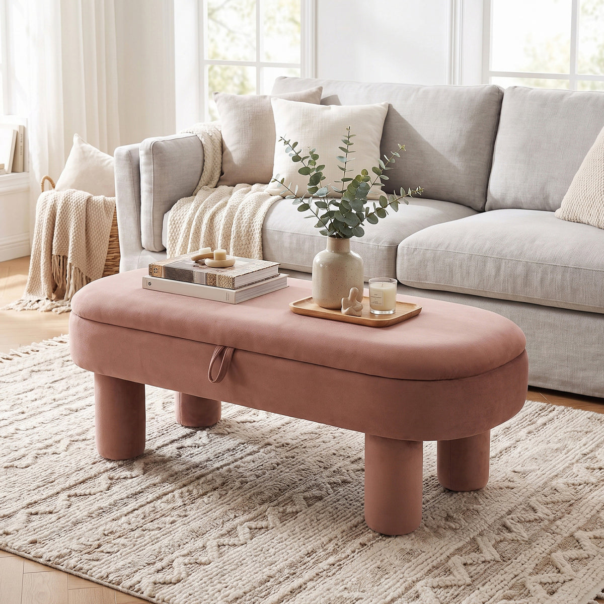 Oval Storage Ottoman Bench with Upholstered Seat for Bedroom-Brown