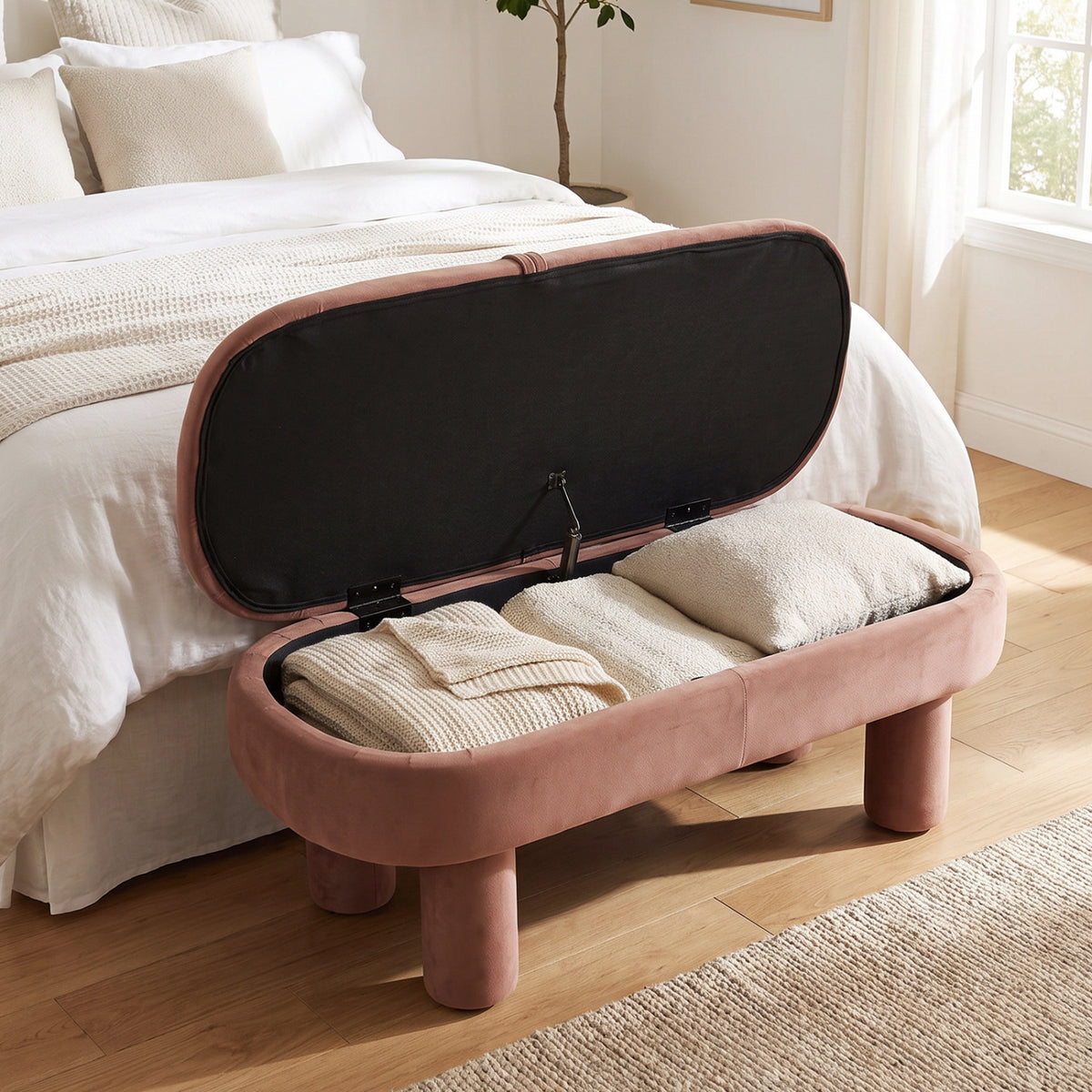 Oval Storage Ottoman Bench with Upholstered Seat for Bedroom-Brown