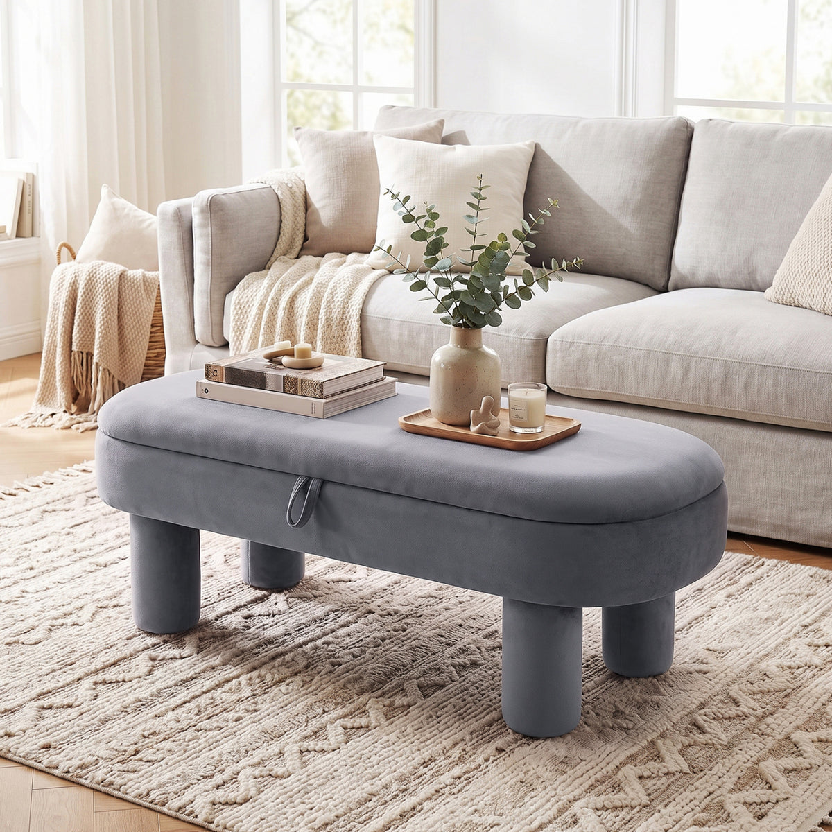 Oval Storage Ottoman Bench with Upholstered Seat for Bedroom-Brown