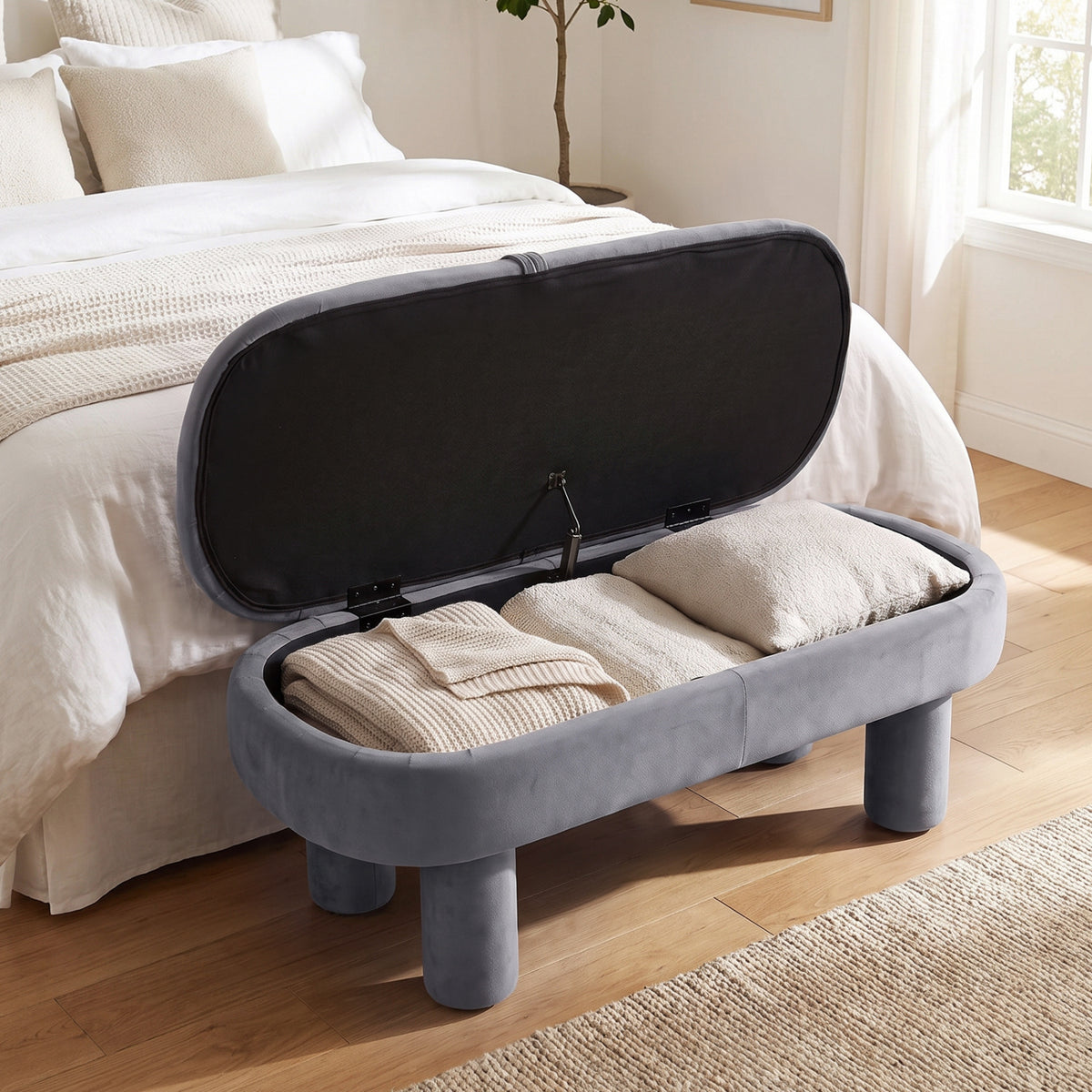 Oval Storage Ottoman Bench with Upholstered Seat for Bedroom-Brown