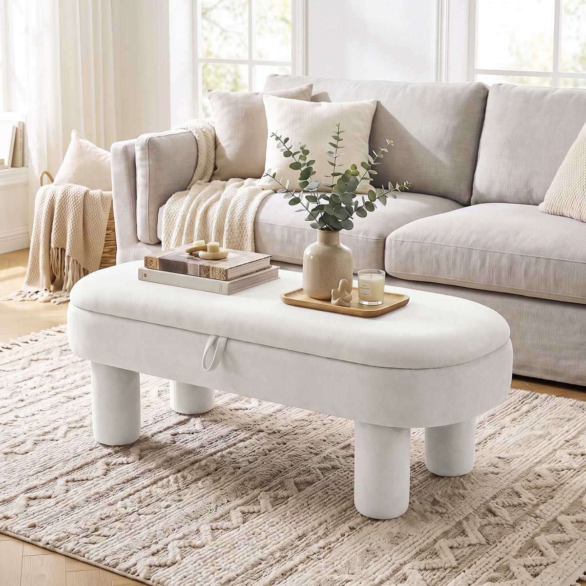 Oval Storage Ottoman Bench with Upholstered Seat for Bedroom-Brown