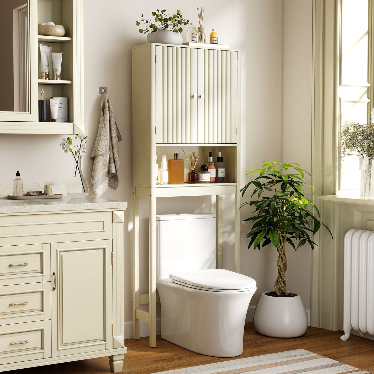 Over The Toilet Storage Cabinet with Fluted Doors-Beige