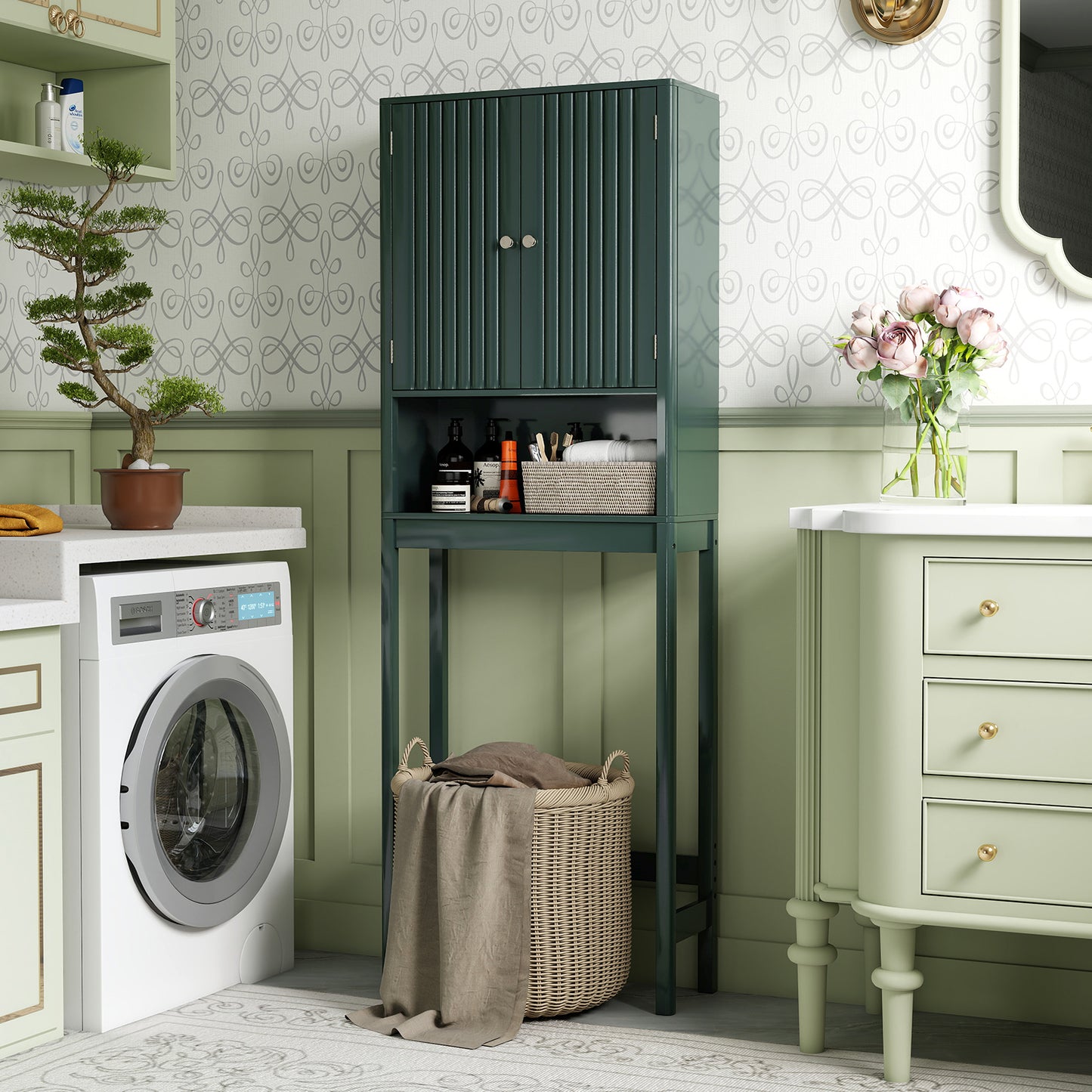 Over The Toilet Storage Cabinet with Fluted Doors-Beige