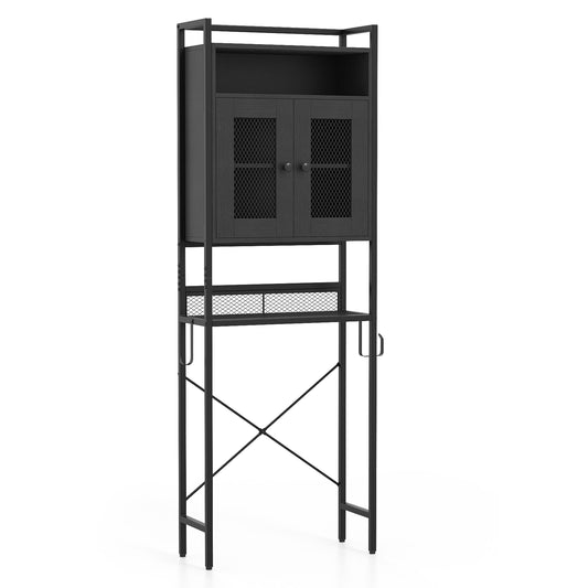 Black over-the-toilet storage cabinet with heavy-duty metal frame and two doors, freestanding bathroom organizer.