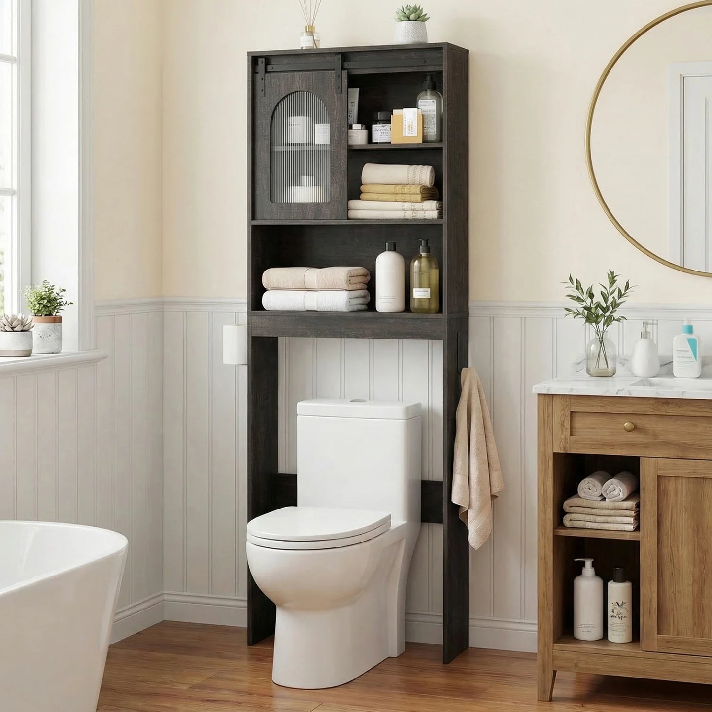 Over Toilet Storage Cabinet with Sliding Barn Door and Open Shelves for Bathroom-Oak