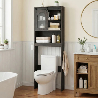 Over Toilet Storage Cabinet with Sliding Barn Door and Open Shelves for Bathroom-Oak