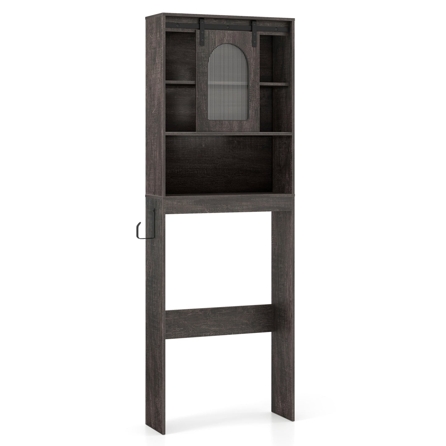 Over Toilet Storage Cabinet with Sliding Barn Door and Open Shelves for Bathroom-Oak