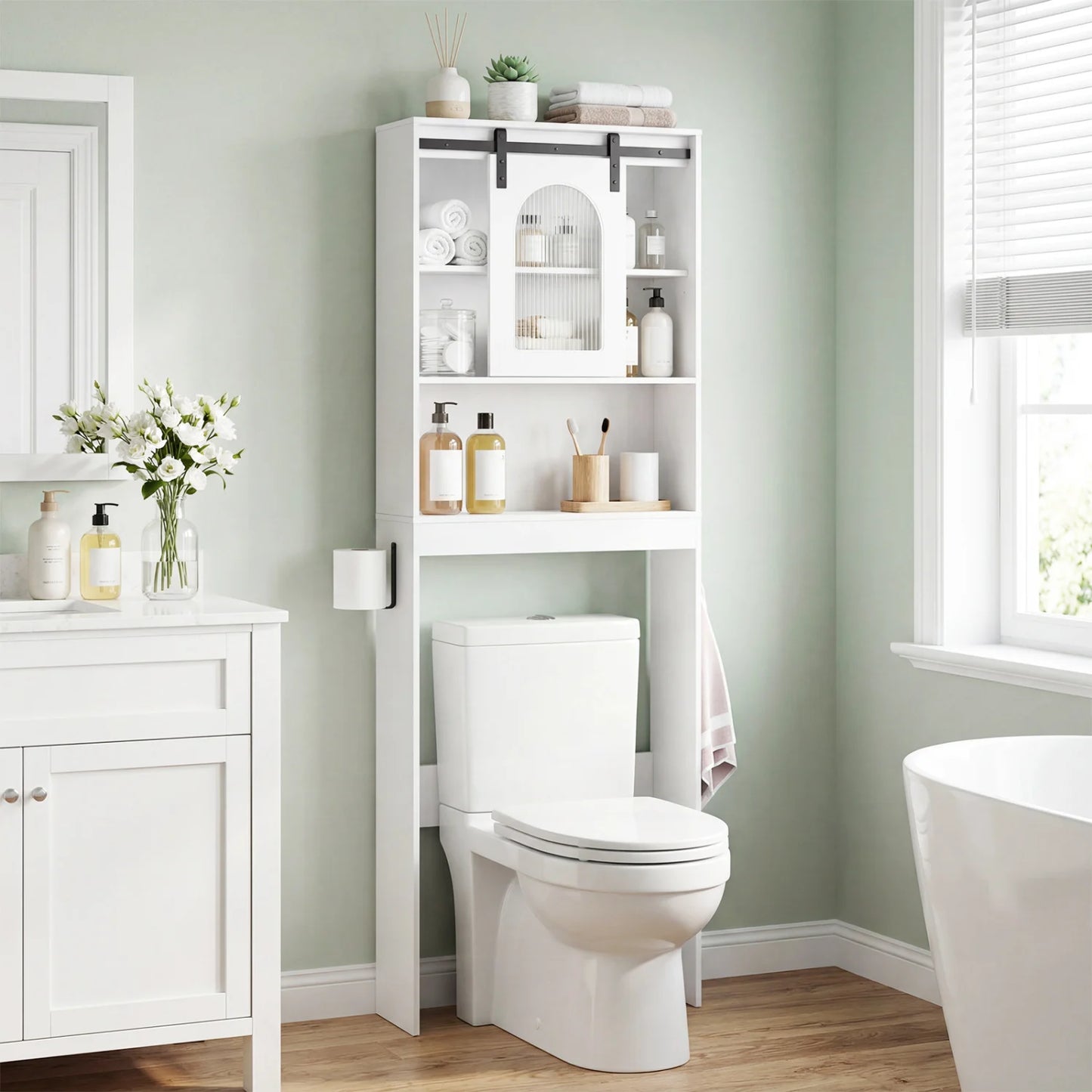 Over Toilet Storage Cabinet with Sliding Barn Door and Open Shelves for Bathroom-Oak