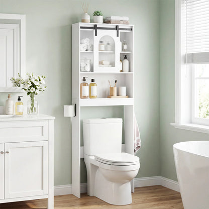 Over Toilet Storage Cabinet with Sliding Barn Door and Open Shelves for Bathroom-Oak