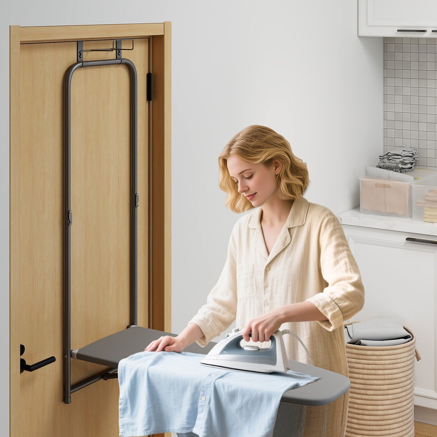 Over the Door Ironing Board Space-Saving Metal Hanging Ironing Board-Gray