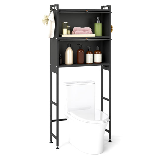 Black over-the-toilet bathroom cabinet with two flip-up doors for storage, ideal for organizing bathroom essentials.