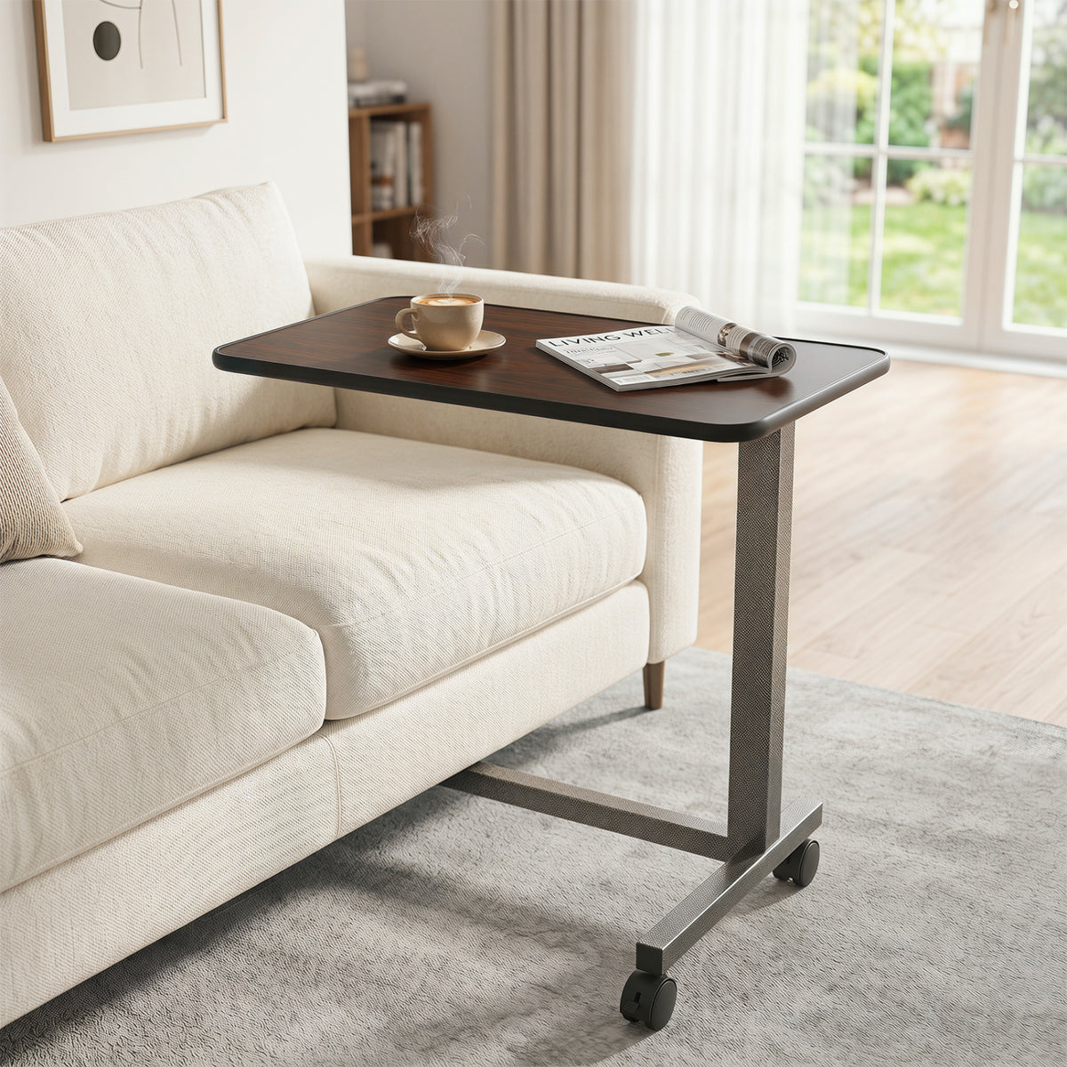 Walnut overbed table with lockable wheels and H-shaped base, suitable for hospital or home use, by Wilsons Home Store.
