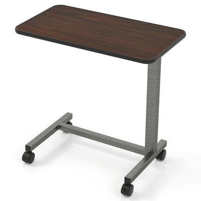 Wooden overbed table with lockable wheels and H-shaped base, perfect for hospital or home use, by Wilsons Home Store