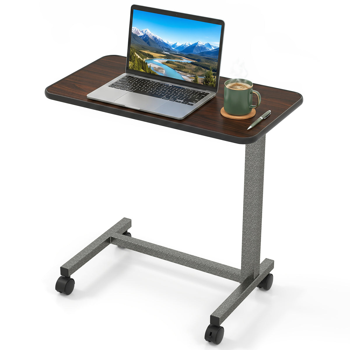 Walnut overbed table with lockable rolling wheels and H-shaped base, suitable for hospital or home use, by Wilsons Home Store.