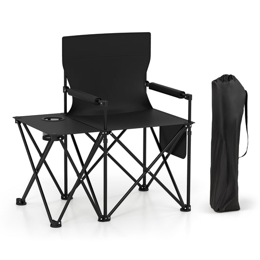 Oversized Camping Chair with Side Table and 2 Storage Pockets-Black