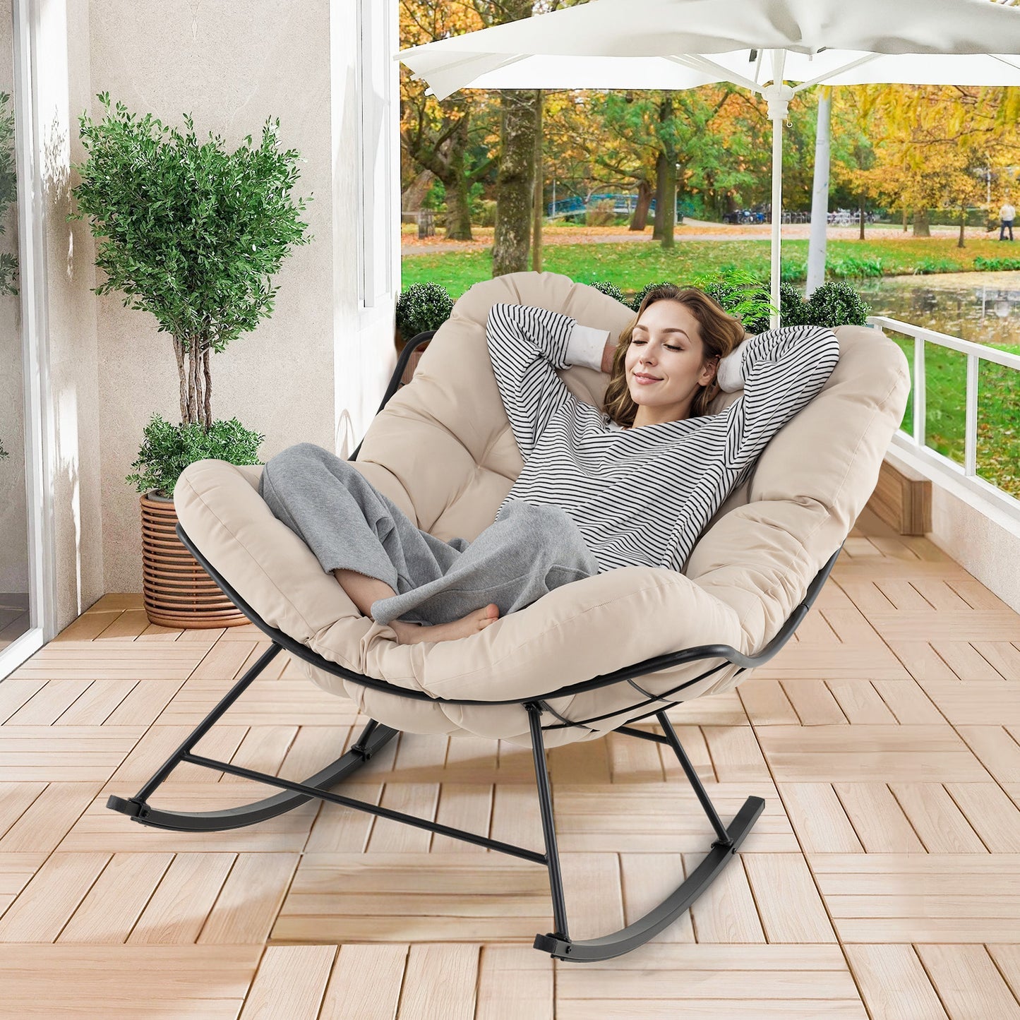 Oversized Egg Papasan Chair with Padded Cushion for Porch-Beige
