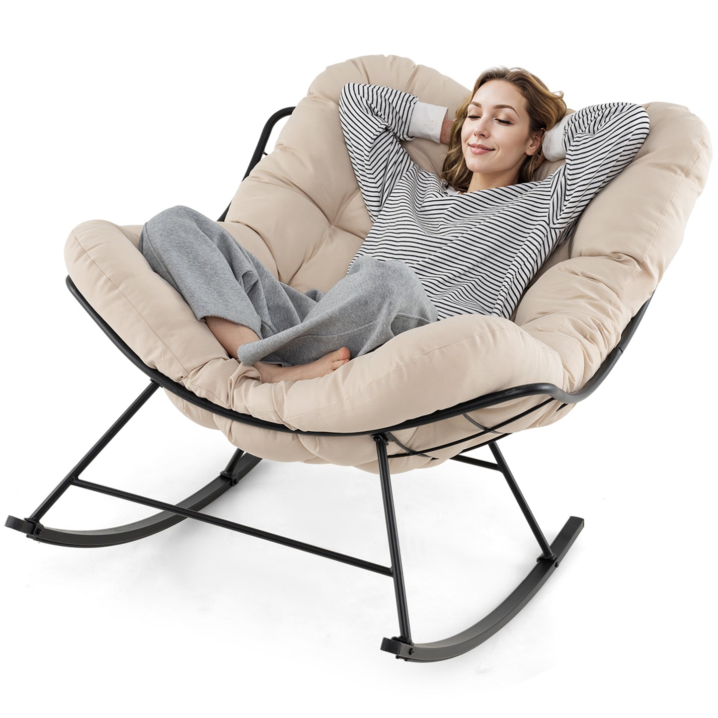 Oversized Egg Papasan Chair with Padded Cushion for Porch-Beige