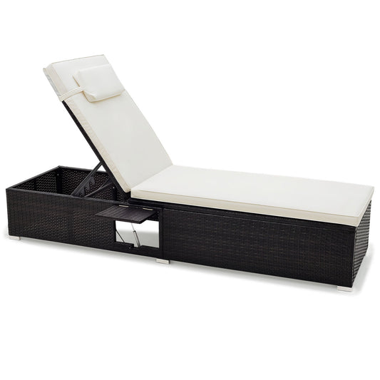 PE Rattan Chaise Lounge with Adjustable Backrest and Foldable Side Table Outdoor-White